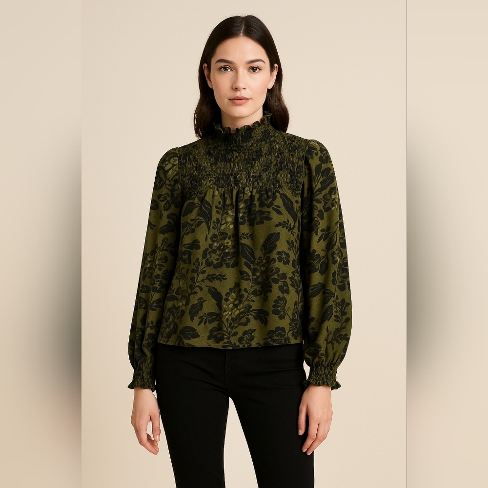MAISON CINQUENT SHIRRED MOCK NECK BLOUSE